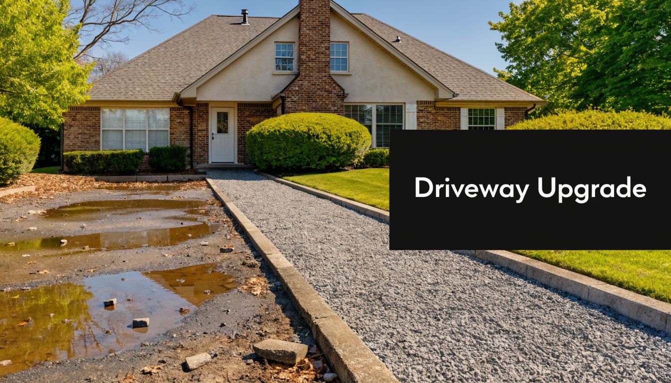 How Much Does a Gravel Driveway Cost? 2 A house featuring a new gravel driveway next to an old, deteriorating section with large water puddles.