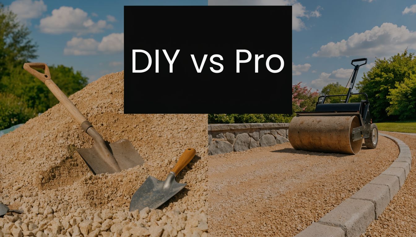 How Much Does a Gravel Driveway Cost? 5 A split image comparing manual gravel shoveling with professional gravel driveway installation equipment for home improvement.