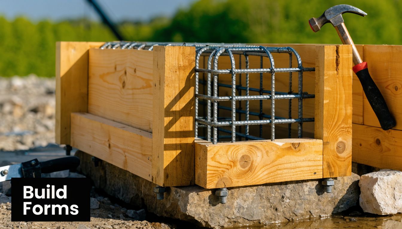 How to Build a Concrete Pad in PA, MD, DE & NJ 4 Wooden construction forms with metal rebar reinforcement prepared for pouring concrete outdoors on a stony ground surface.