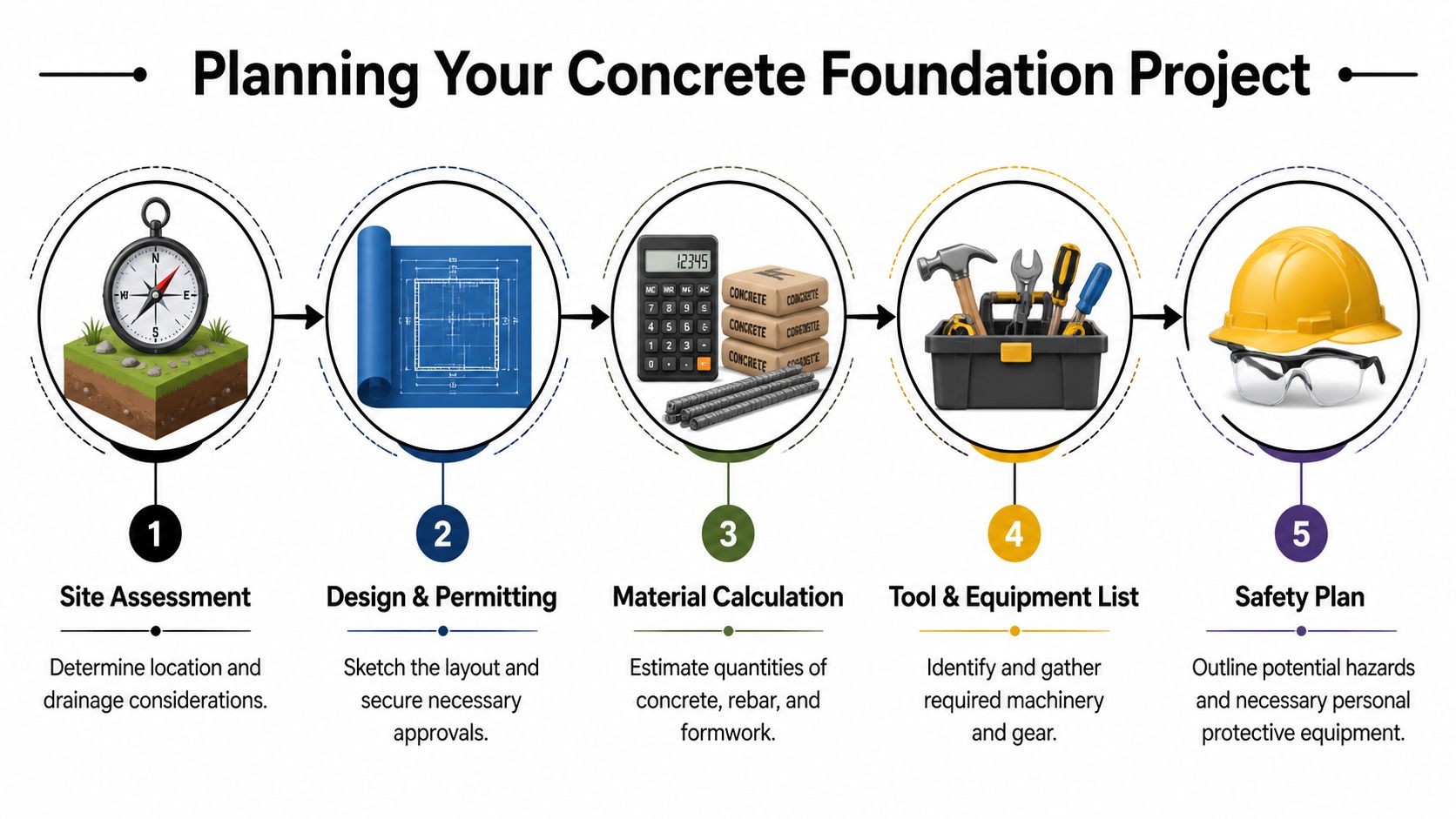 How to Build a Concrete Pad in PA, MD, DE & NJ 2 A five-step infographic showing the process for planning and preparing a concrete foundation project.