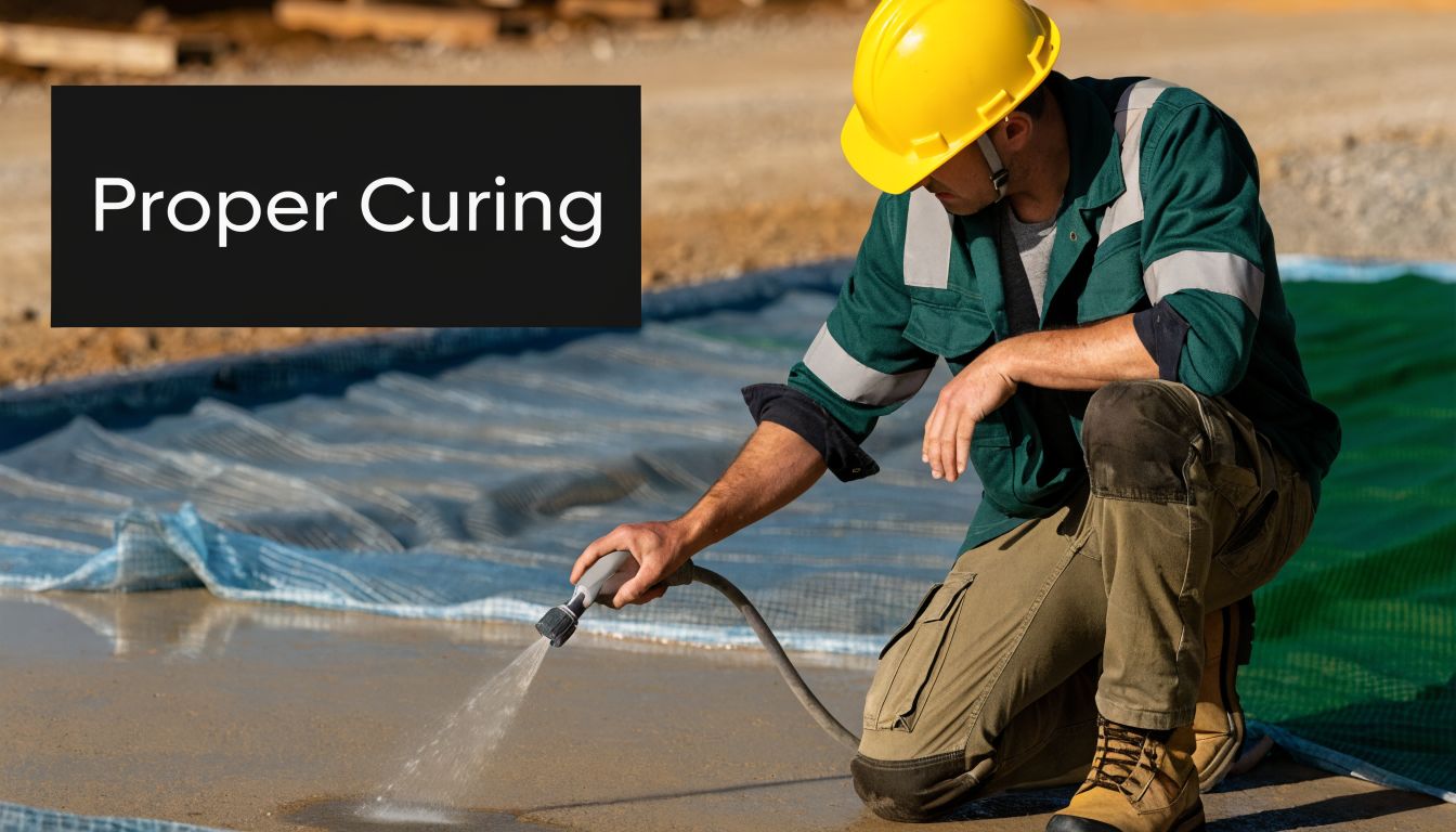 How to Prevent Concrete Slab From Cracking A Local Guide 4 A construction worker in a yellow hard hat carefully waters a concrete slab to ensure proper curing.