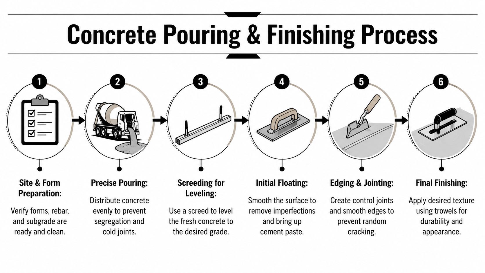 How to Prevent Concrete Slab From Cracking A Local Guide 3 A six-step infographic illustrating the professional concrete pouring and finishing process for construction projects.