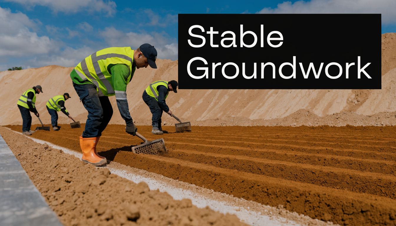 How to Prevent Concrete Slab From Cracking A Local Guide 2 Construction workers leveling soil at a site with a large sand dune in the background