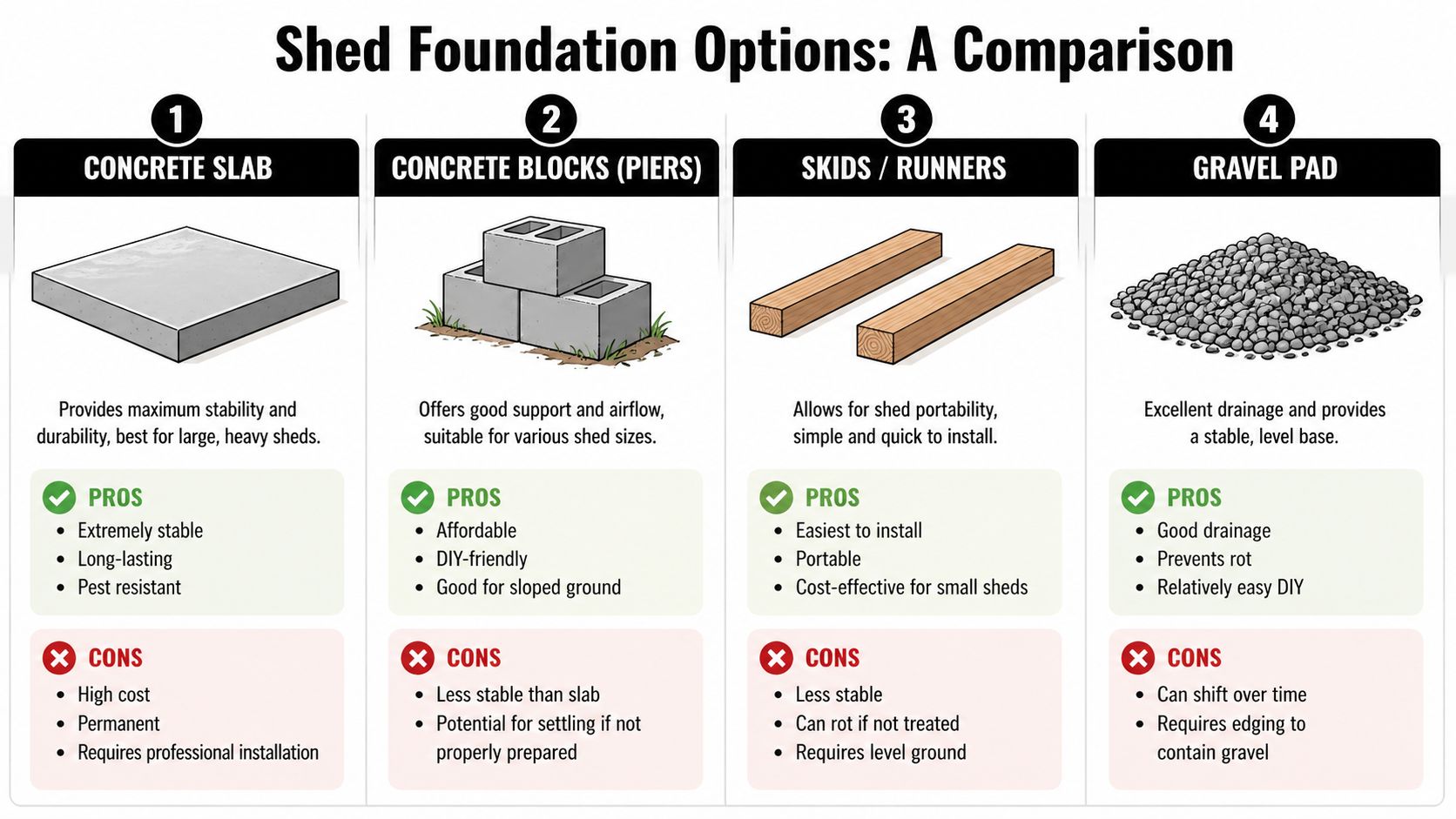 How To Secure Shed To Ground: Top Foundation Methods 3 A comparison chart showing four different shed foundation options: concrete slab, concrete blocks, skids, and gravel.