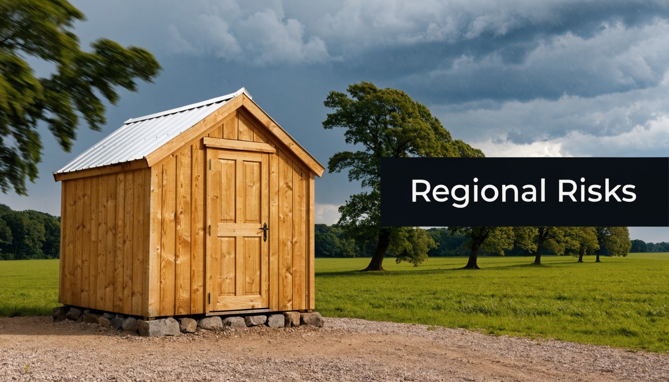 How To Secure Shed To Ground: Top Foundation Methods 2 A wooden shed standing in a grassy field under a stormy sky with text Regional Risks overlayed.