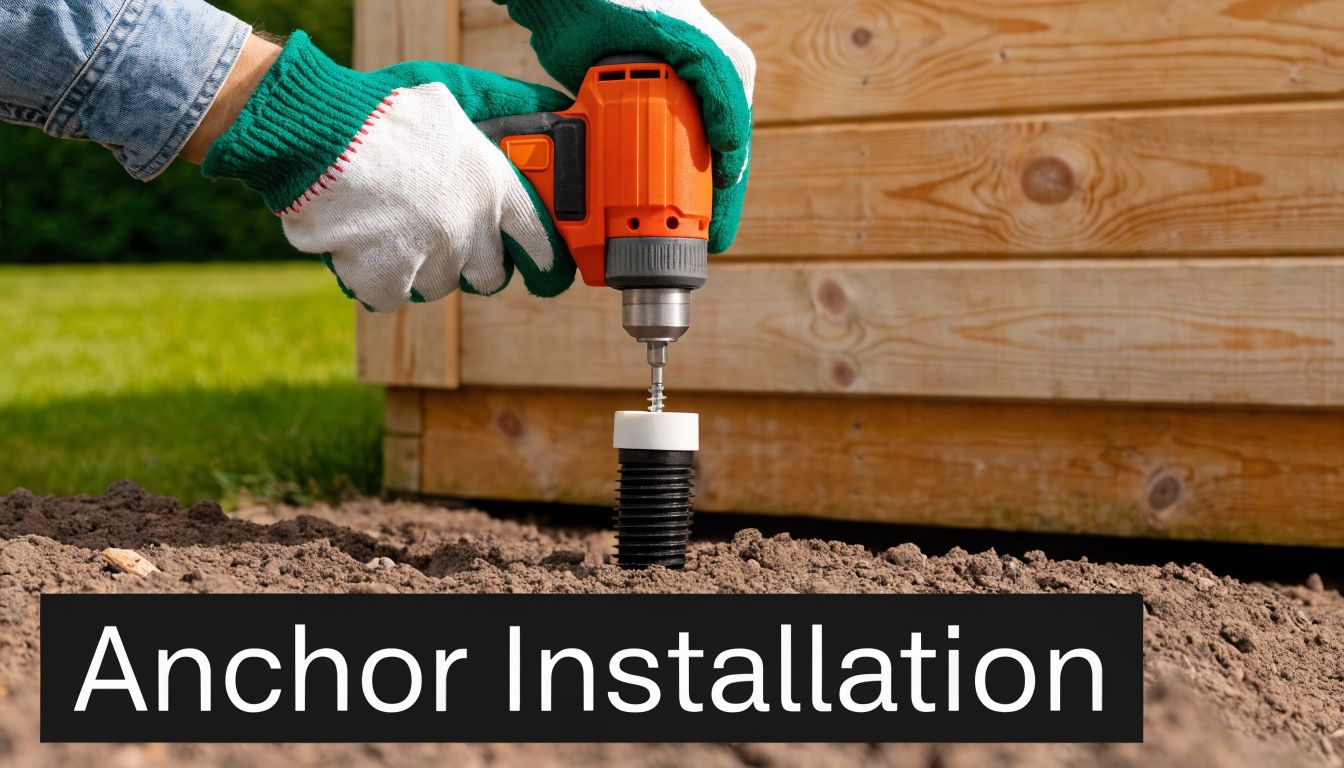 Hurricane Anchors For Sheds: Ultimate Protection Guide 4 A person wearing work gloves uses a power drill to install a ground anchor into the dirt.