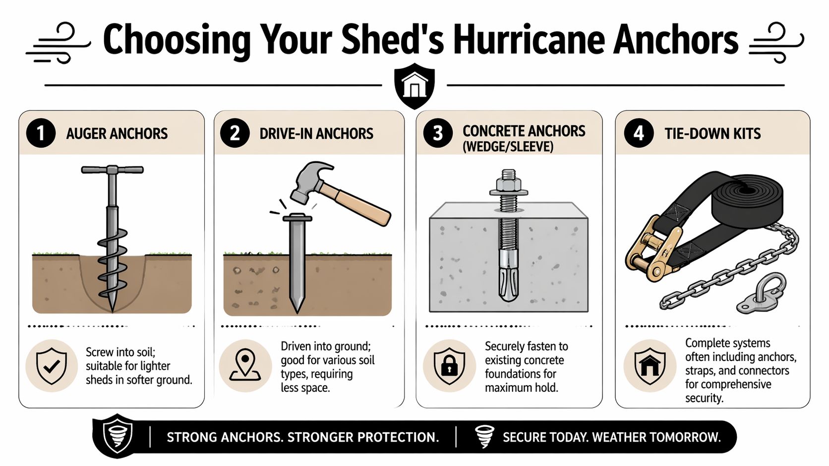 Hurricane Anchors For Sheds: Ultimate Protection Guide 3 An infographic detailing four types of hurricane anchors for sheds including auger, drive-in, concrete, and tie-down kits.