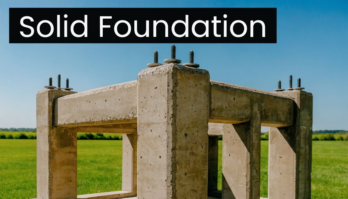 Hurricane Anchors For Sheds: Ultimate Protection Guide 2 A robust concrete foundation structure featuring metal anchor bolts standing in a wide open green field.