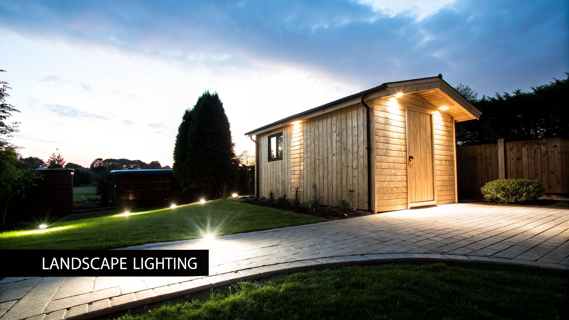 Shed Foundations in Honey Brook, PA: Your Guide to a Perfect Build in 2026 4 A beautifully lit wooden garden shed with landscape lighting on the path and grass at dusk.