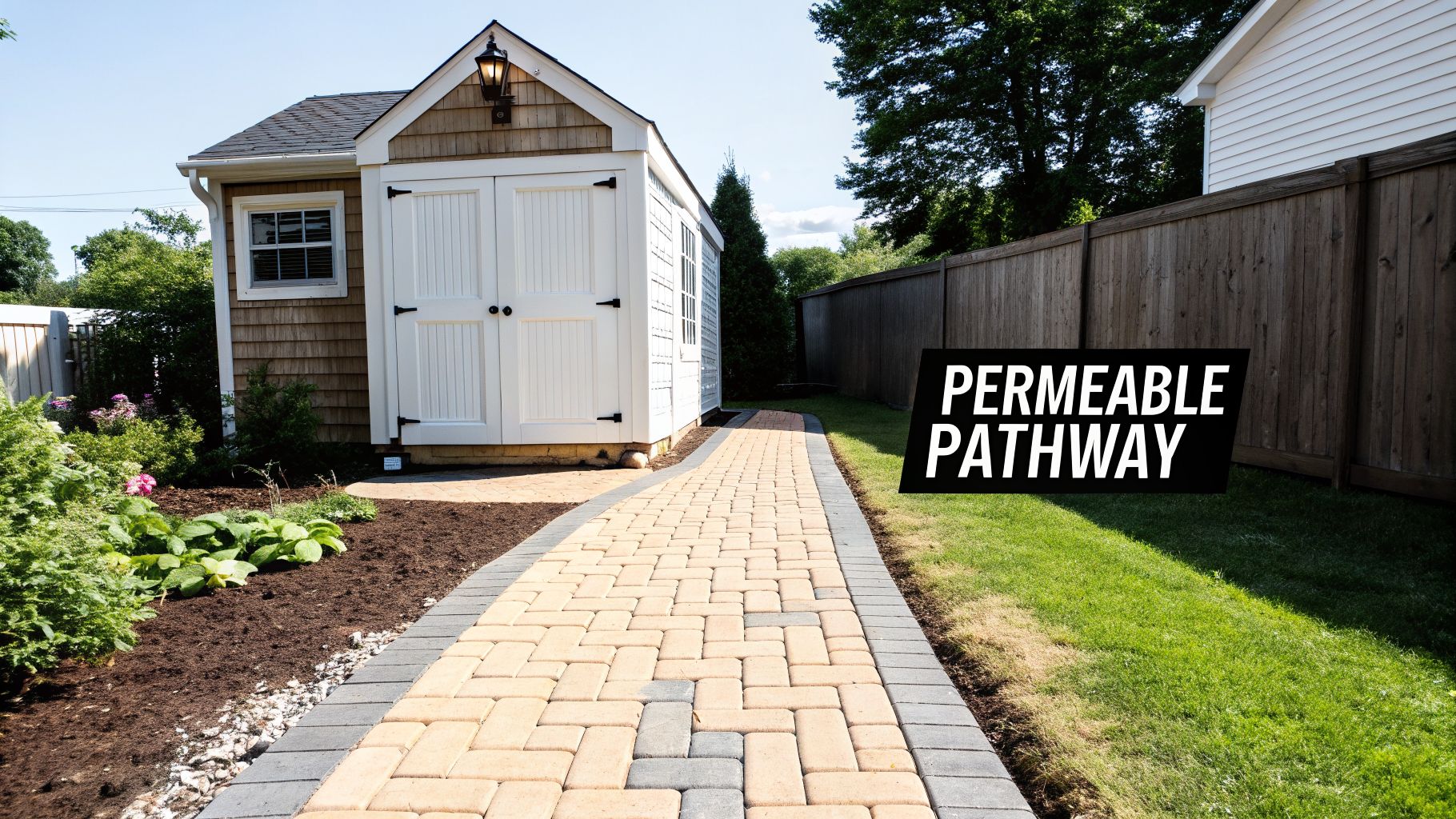Shed Foundations in Honey Brook, PA: Your Guide to a Perfect Build in 2026 3 A backyard garden shed with a modern permeable paver pathway, bordered by a lush lawn and garden bed.