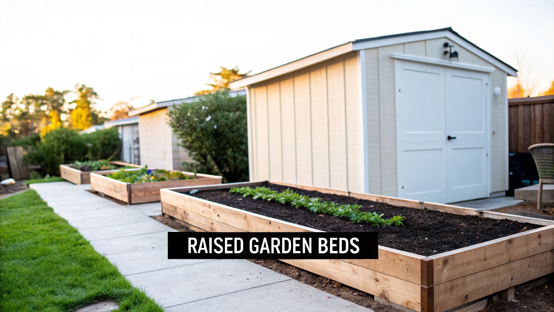 Shed Foundations in Honey Brook, PA: Your Guide to a Perfect Build in 2026 2 A backyard with a light-colored shed and multiple wooden raised garden beds along a concrete path.