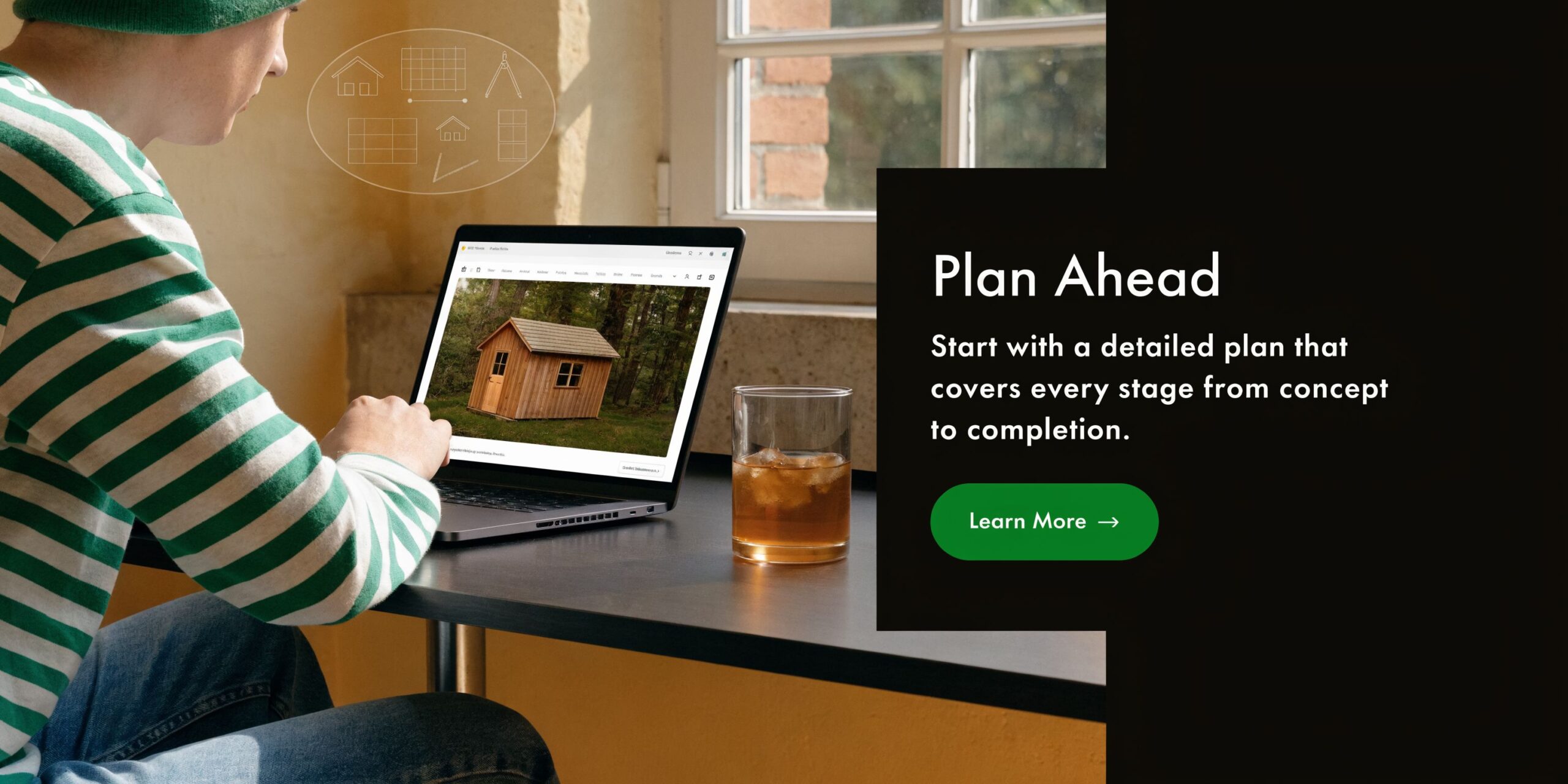 Outdoor Storage Shed Plan: A PA/MD/DE/NJ Guide for 2026 2 A person wearing a striped shirt works on an outdoor storage shed plan using a laptop.