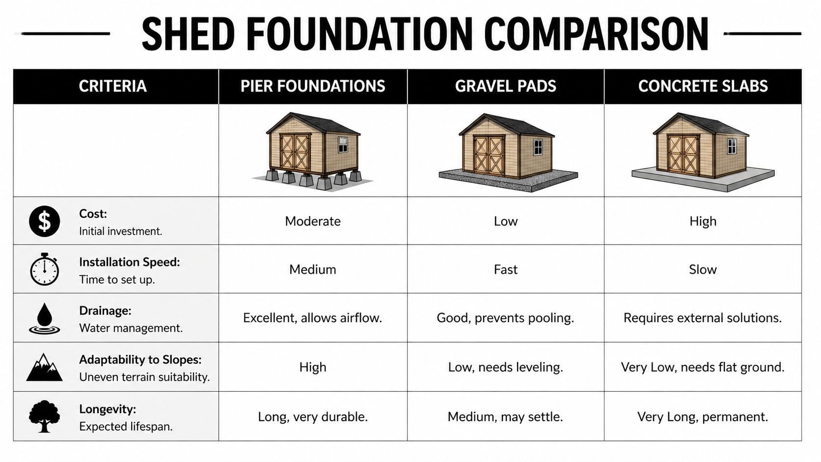 Pier Foundations for Sheds A PA & NJ Guide 4 A comparison chart showing the differences between pier foundations, gravel pads, and concrete slabs for sheds.