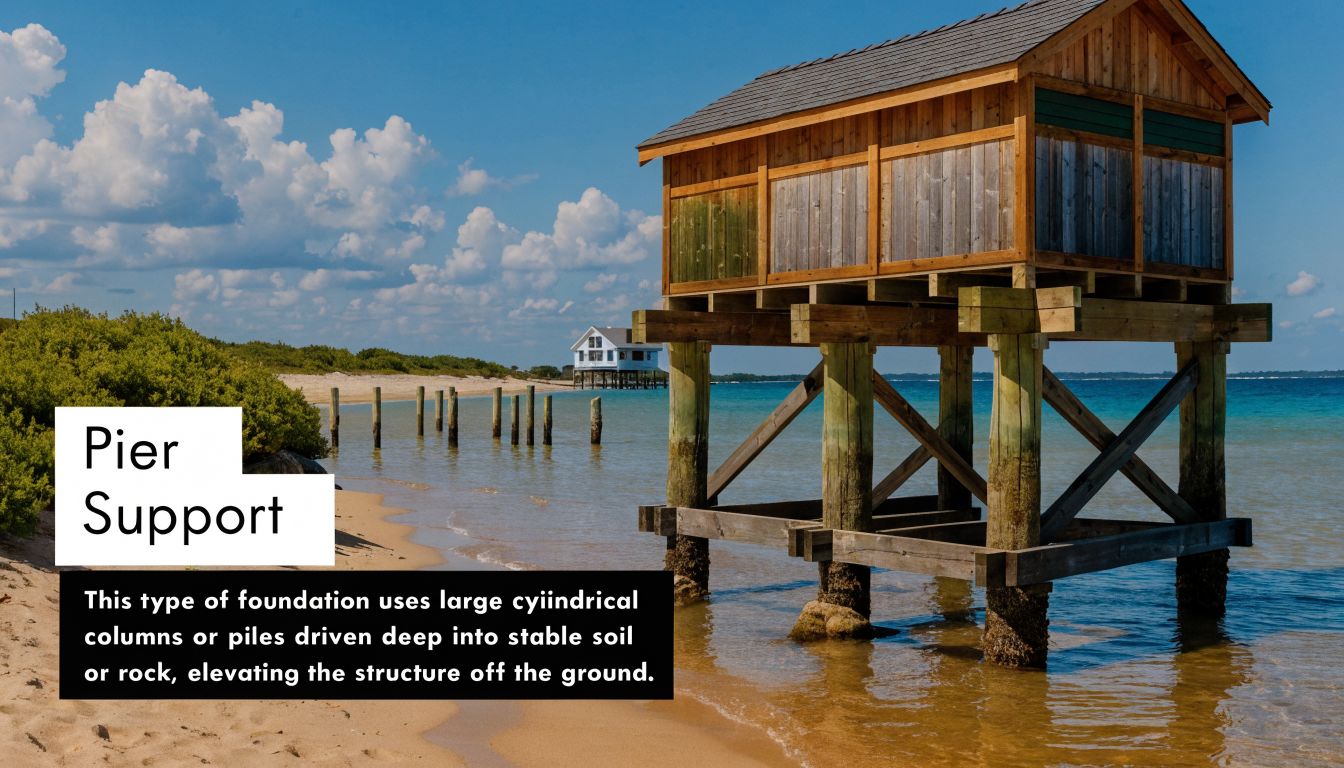 Pier Foundations for Sheds A PA & NJ Guide 3 A wooden shed built on raised pier supports over water, showcasing a structural foundation design.