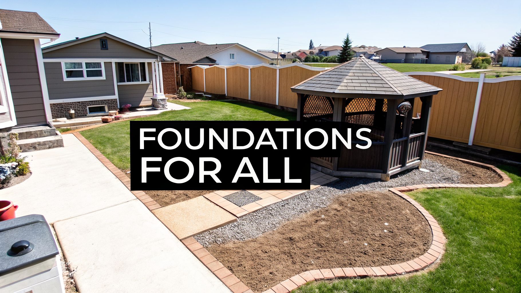 Shed Foundations in Pennsylvania: A Homeowner's Guide for 2026 4 An aerial view of a landscaped backyard with a gazebo, garden, pathway, and houses in the background.