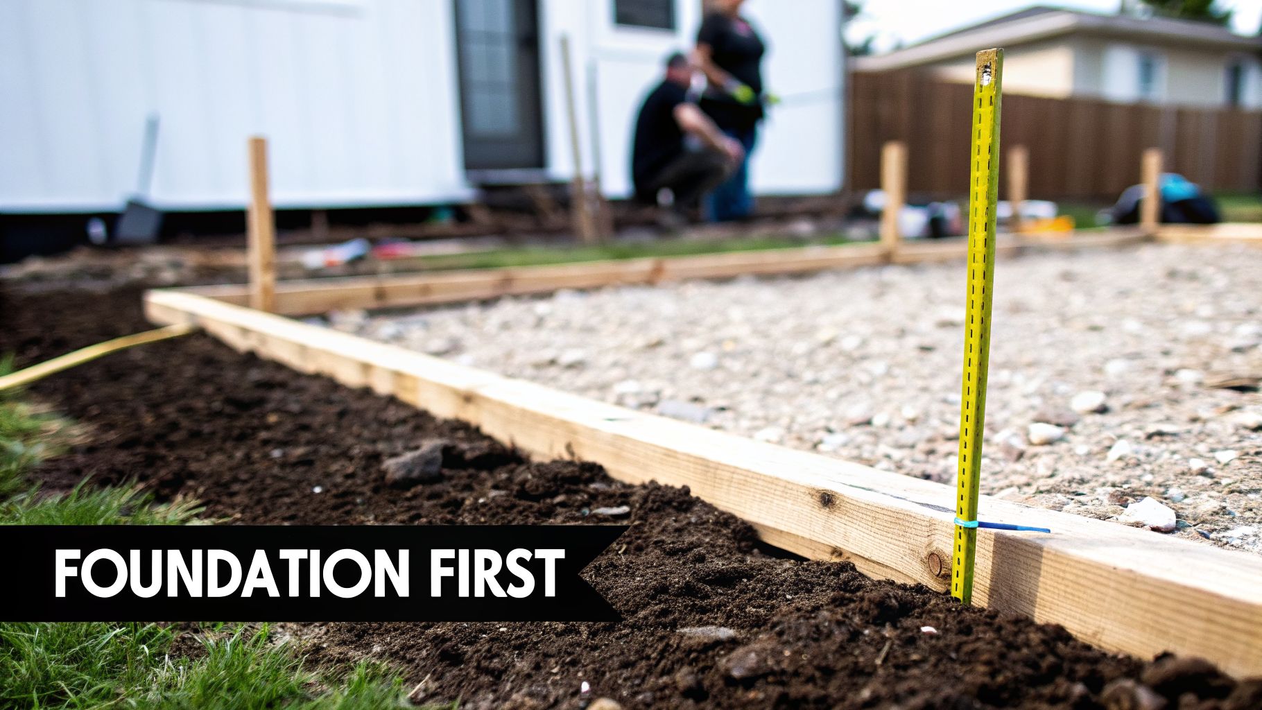 Shed Foundations in Pennsylvania: A Homeowner's Guide for 2026 2 A construction site showing wooden forms for a shed foundation, with a measuring stick, soil, and gravel.