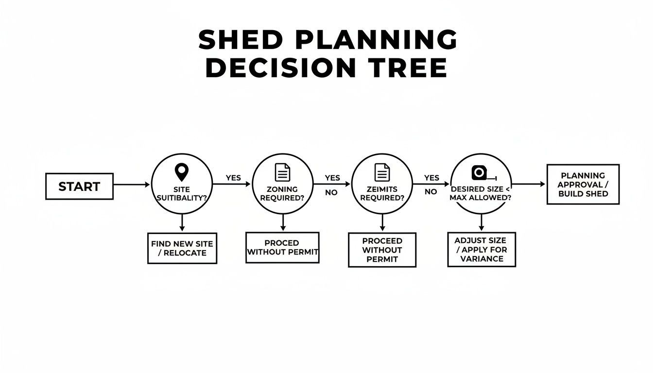 Shed Foundations in Pennsylvania: A Homeowner's Guide for 2026 3 Flowchart detailing the shed planning decision tree, including site suitability, zoning, permits, and size considerations.
