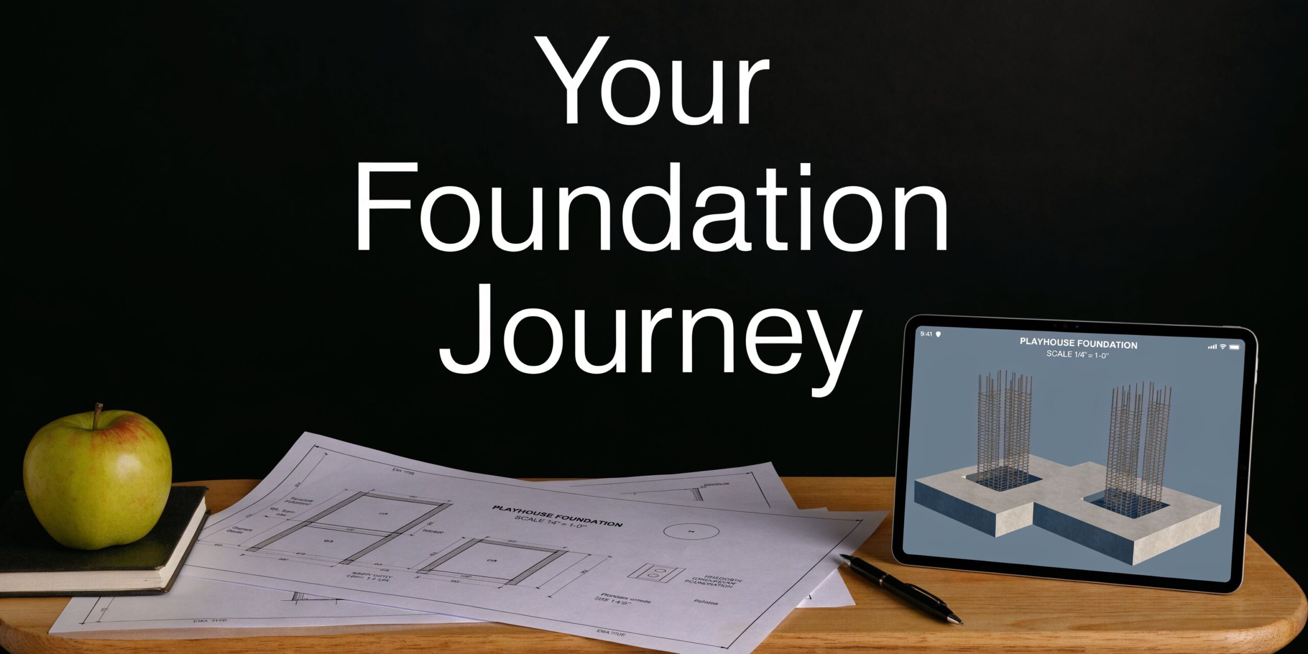 Playhouses and sheds: Expert Foundations for Playhouses & Sh 4 An apple sits on a notebook next to architectural blueprints and a tablet showing foundation plans.