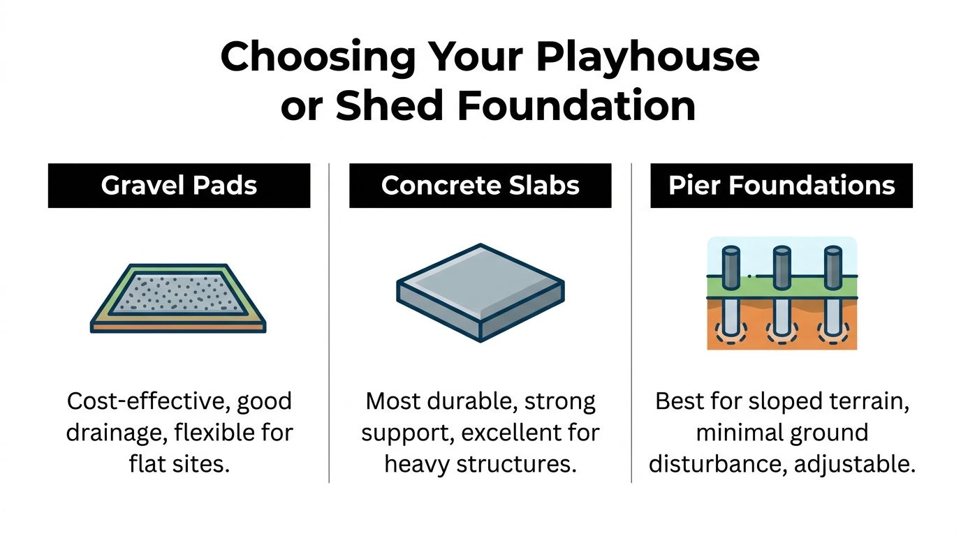 Playhouses and sheds: Expert Foundations for Playhouses & Sh 2 A guide comparing three common foundation types for playhouses and sheds: gravel pads, concrete slabs, and pier foundations.