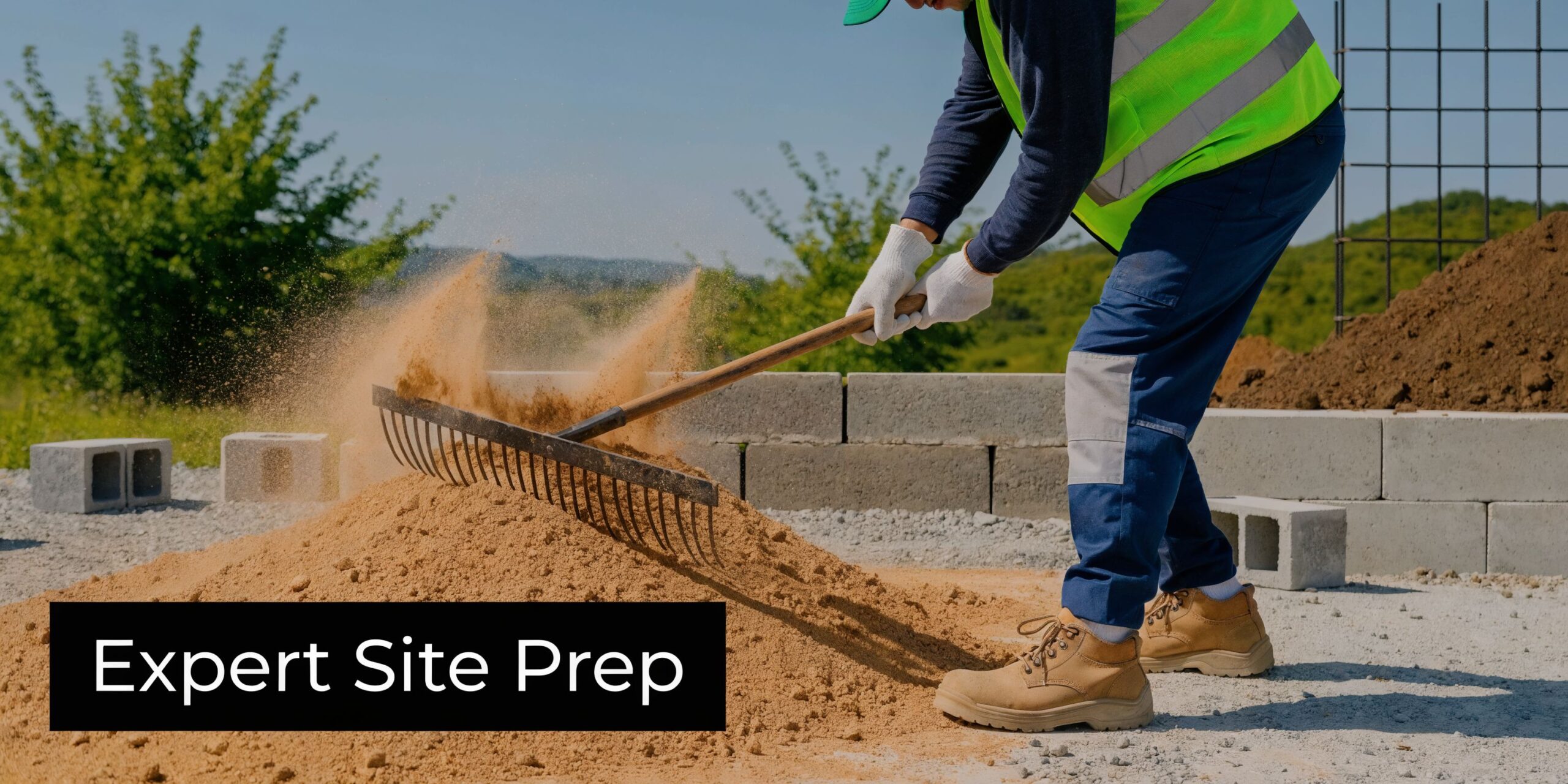 Playhouses and sheds: Expert Foundations for Playhouses & Sh 3 A construction worker in a high visibility vest leveling a pile of sand with a metal rake.