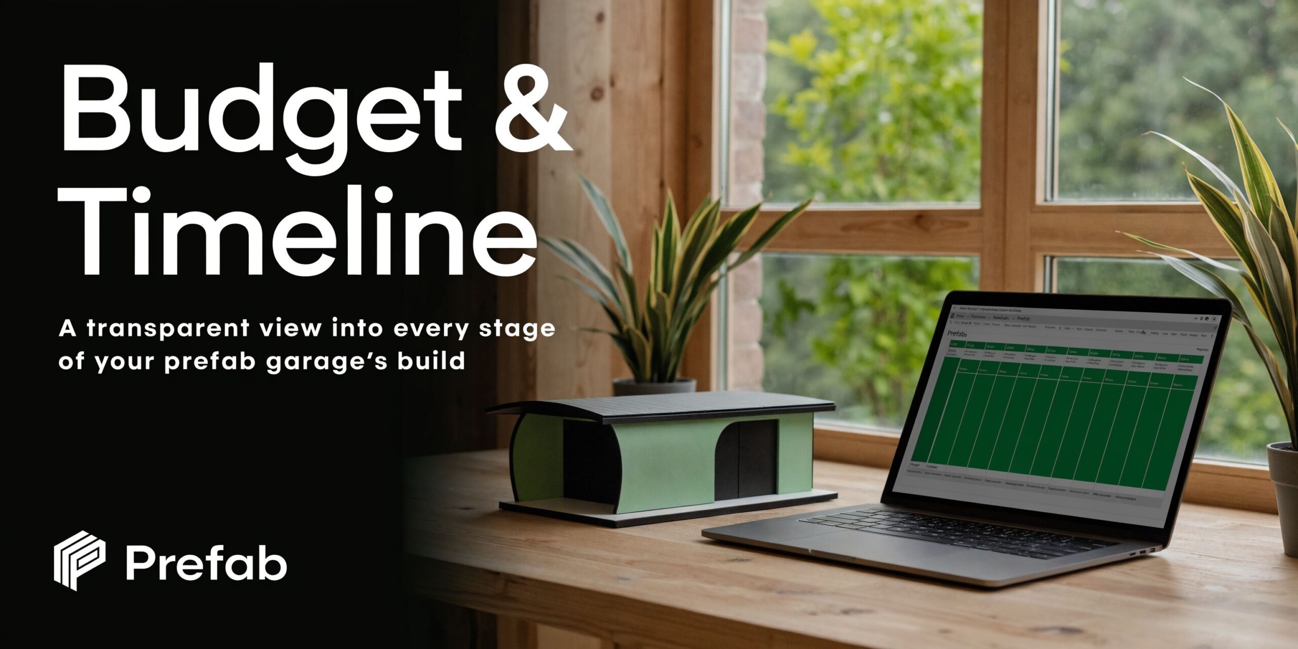 Prefab Detached Garages: A PA/MD/DE/NJ Guide 5 A laptop displaying a project timeline dashboard next to a small scale model of a prefab garage.