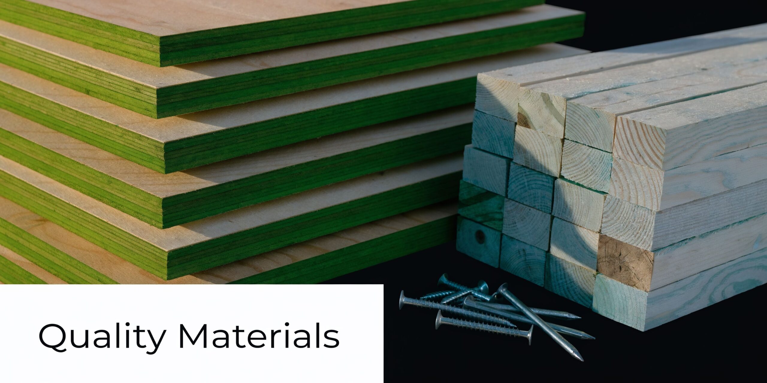 Pressure Treated Plywood Shed Floor Guide for PA & NJ 4 A stack of pressure treated plywood sheets next to wooden beams and metal nails for construction projects.