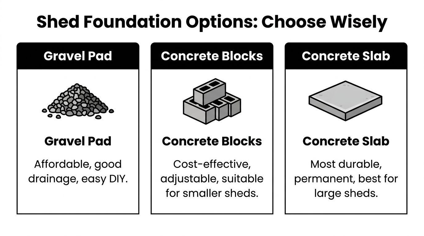 Pressure Treated Plywood Shed Floor Guide for PA & NJ 3 A comparison chart showing three common shed foundation options: gravel pad, concrete blocks, and concrete slab.