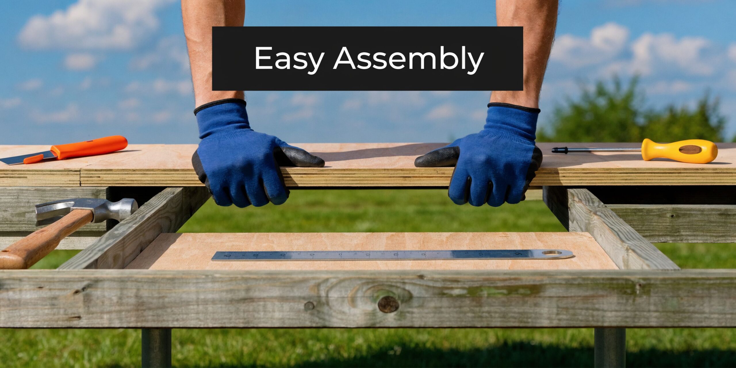 Pressure Treated Plywood Shed Floor Guide for PA & NJ 5 A person wearing blue work gloves assembling a pressure treated plywood shed floor outdoors with construction tools.