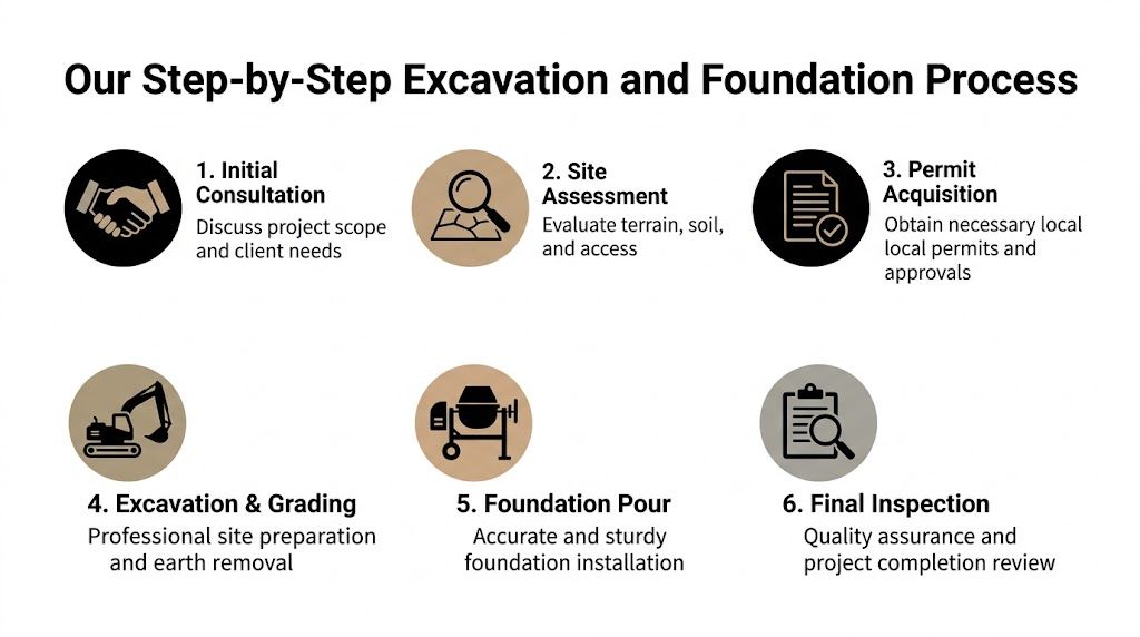 Residential Excavation Services Near Me: Costs & Permits 3 A six-step infographic detailing the excavation and foundation process for residential construction projects.