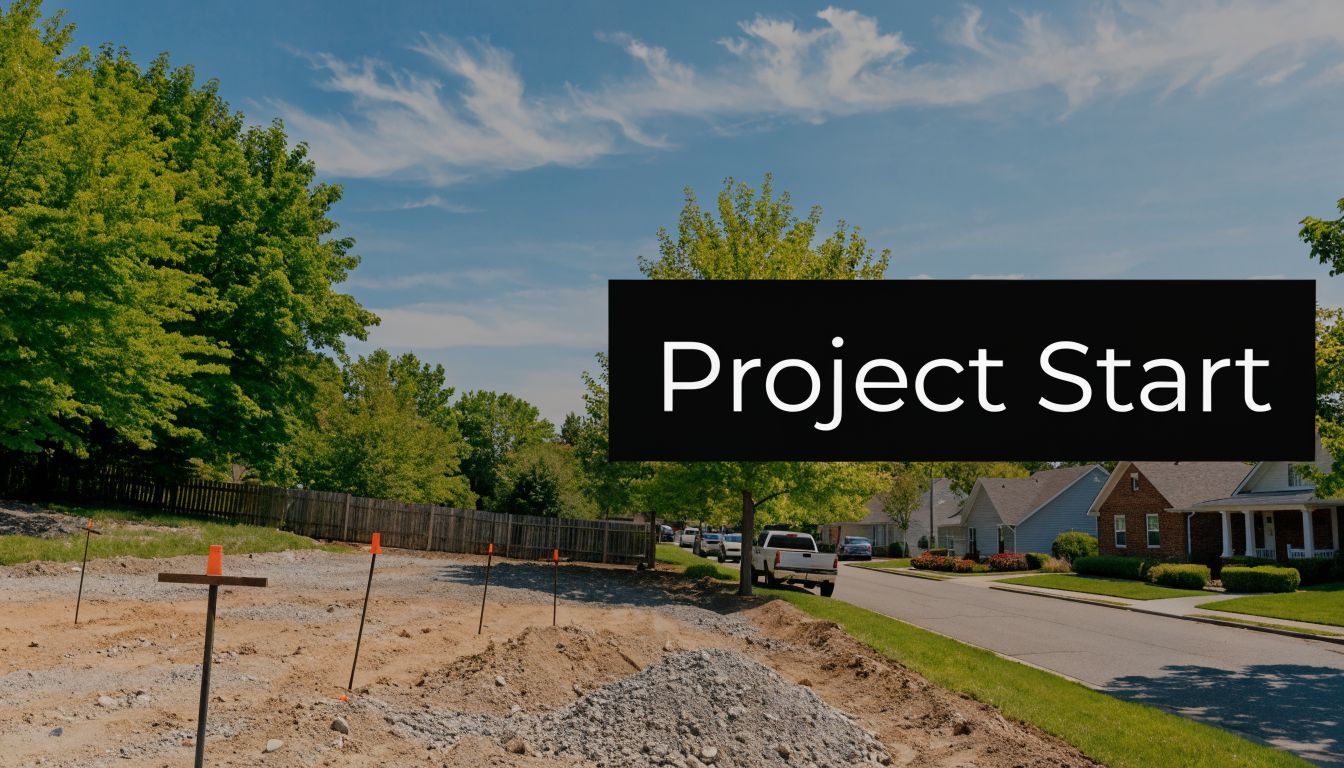 Residential Excavation Services Near Me: Costs & Permits 2 A construction site showing excavation work and surveying stakes in a quiet residential suburban neighborhood.