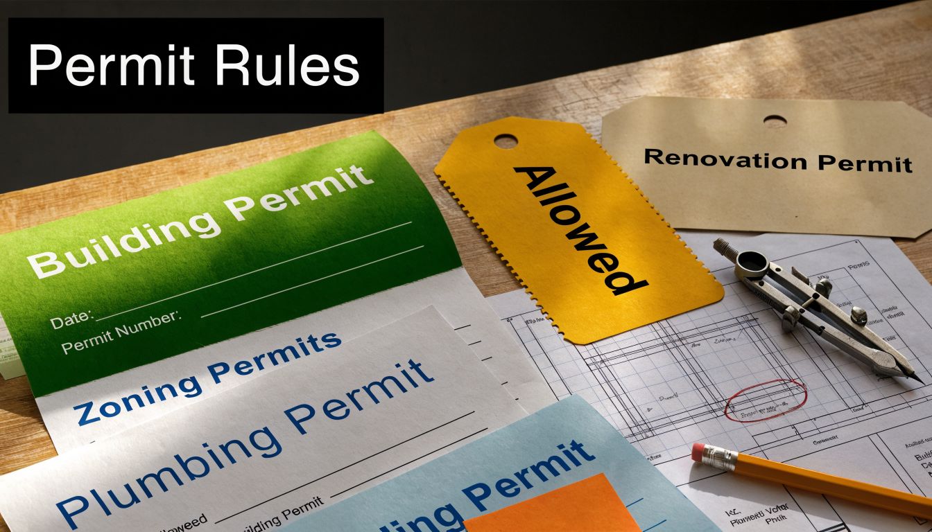 Residential Excavation Services Near Me: Costs & Permits 4 A wooden table displaying various construction and renovation permit documents with drawing tools and blueprints.