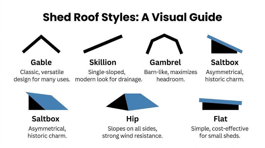 Roof Shed Types: A Guide for PA & MD Homeowners 2 A visual guide displaying various shed roof styles including gable, skillion, gambrel, saltbox, hip, and flat.
