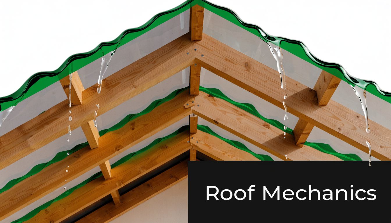 Roof Shed Types: A Guide for PA & MD Homeowners 3 A close-up view of a wooden roof truss structure under a green wavy translucent roof panel.