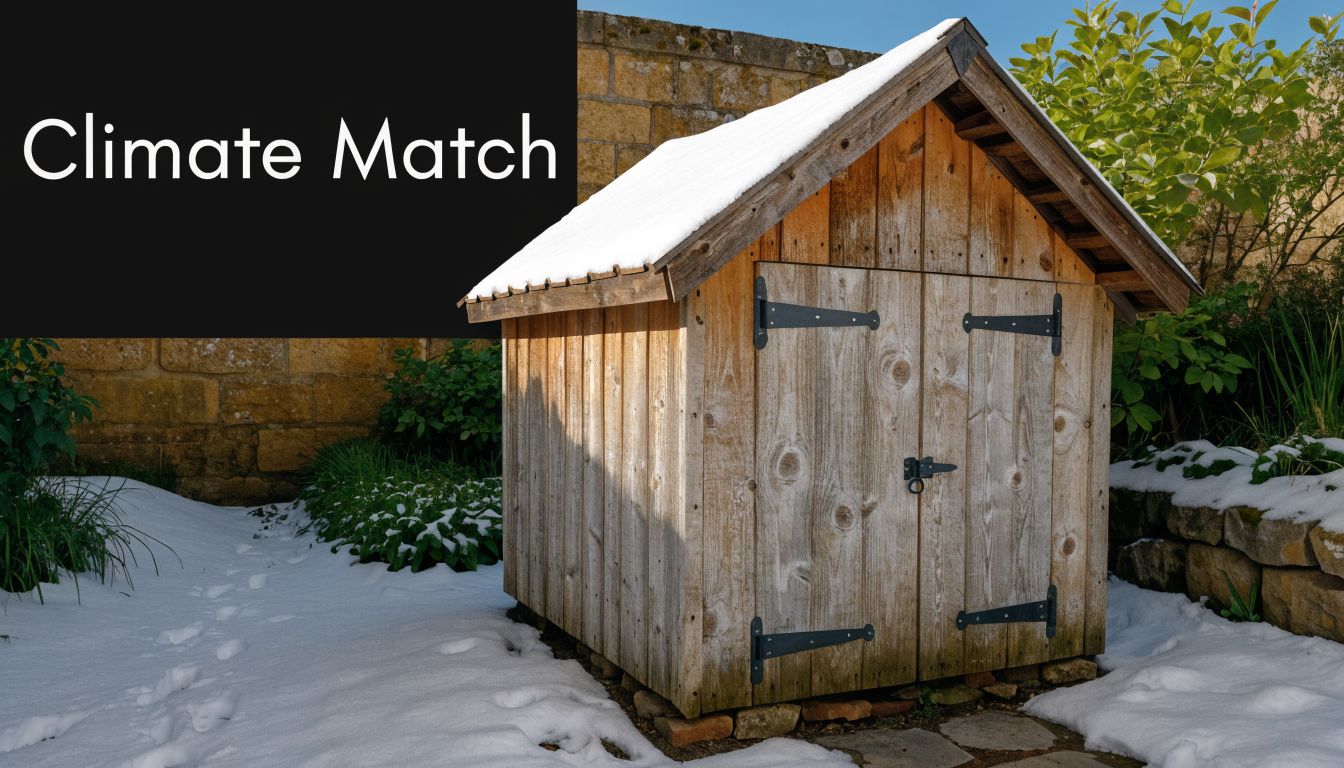 Roof Shed Types: A Guide for PA & MD Homeowners 4 A rustic wooden garden shed with a snow-covered roof sitting in a snowy backyard landscape.