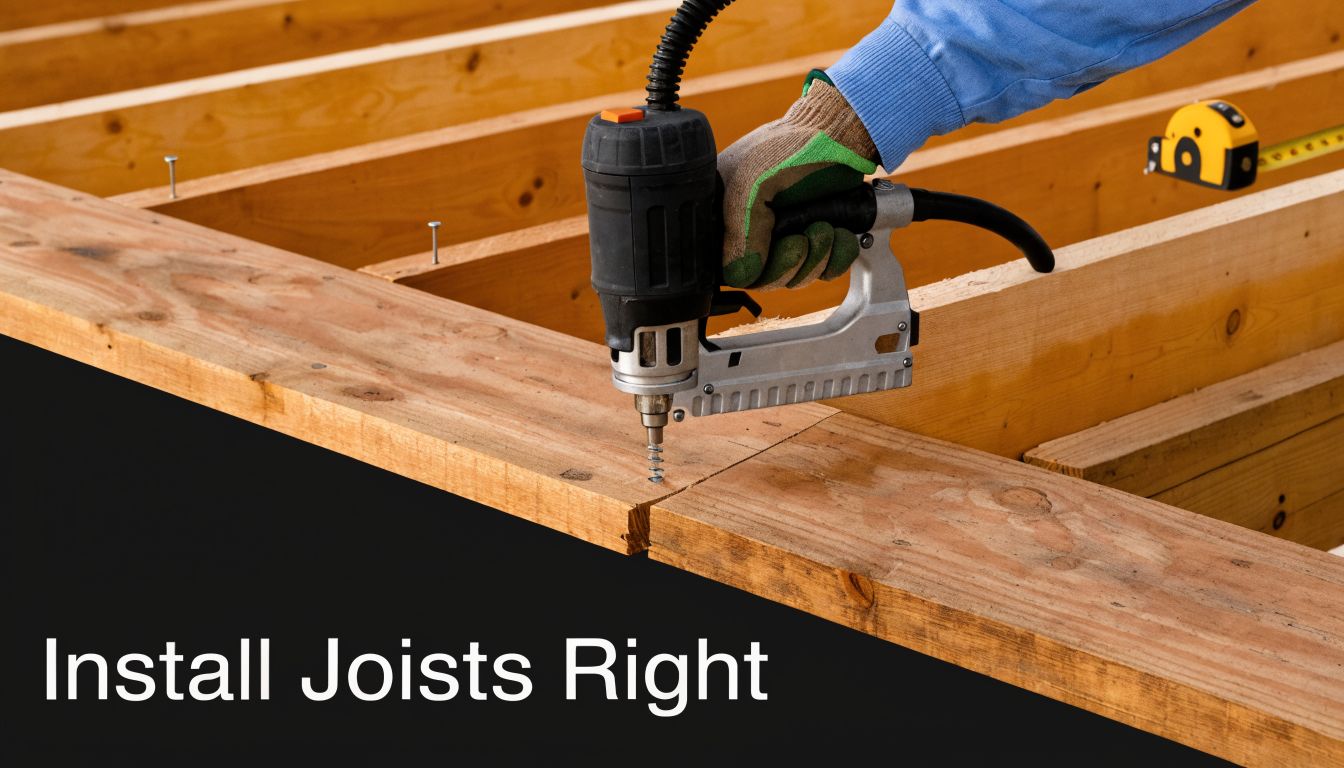 Optimal Shed Floor Joist Spacing for Your Project 4 A construction worker uses a nail gun to fasten wooden planks onto joists for a shed floor.