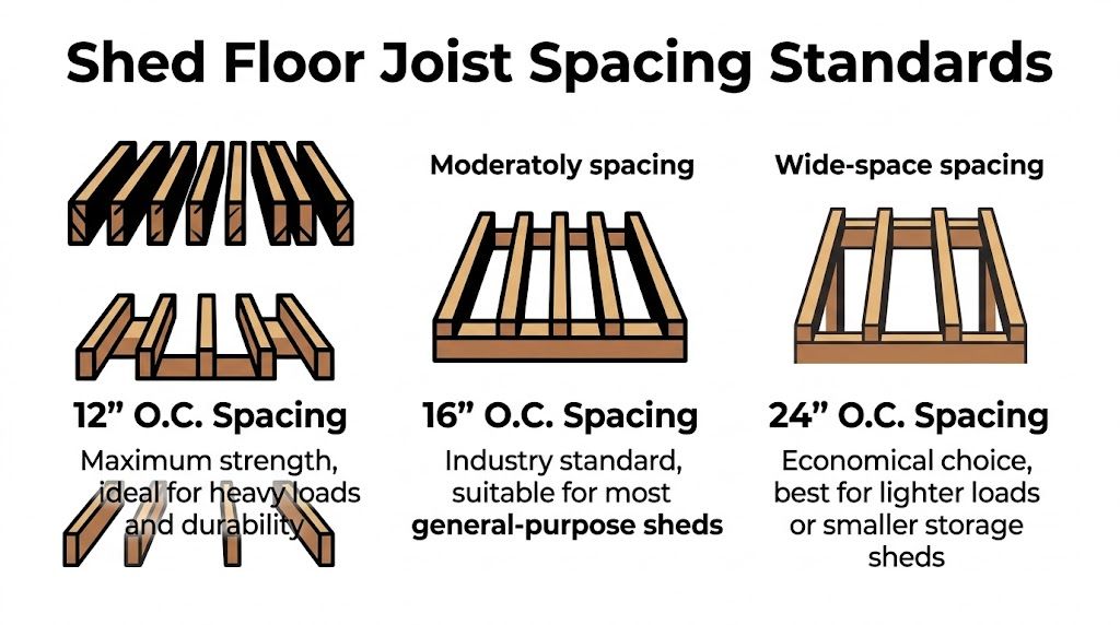Optimal Shed Floor Joist Spacing for Your Project 2 A diagram comparing three different shed floor joist spacing standards at twelve, sixteen, and twenty-four inches on-center.
