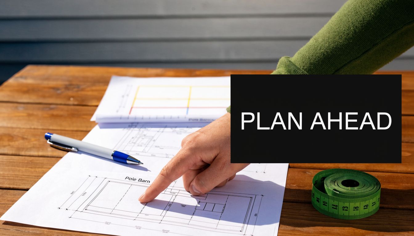 Site Prep for Pole Barn: Expert Guide for PA, MD, DE, NJ 2 A person points at a floor plan blueprint for a pole barn construction project on a wooden table.