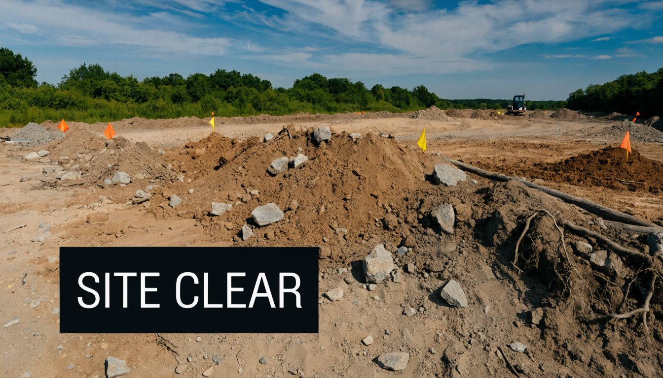 Site Prep for Pole Barn: Expert Guide for PA, MD, DE, NJ 3 An active construction site with piles of dirt and survey flags marked as site clear.
