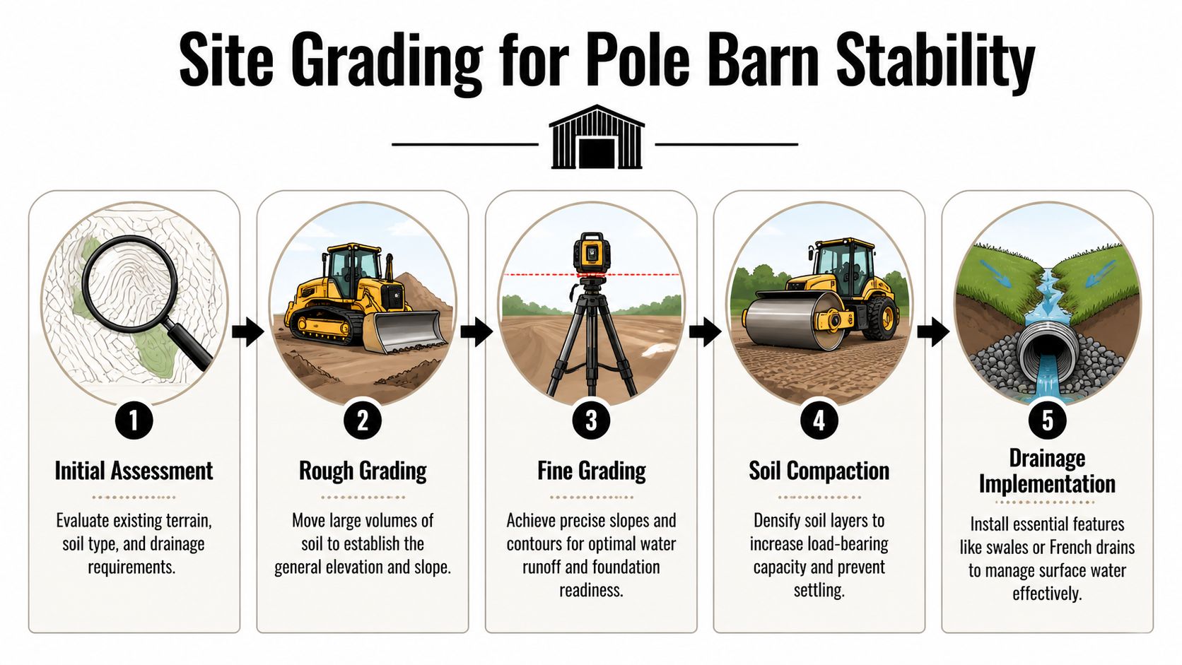 Site Prep for Pole Barn: Expert Guide for PA, MD, DE, NJ 4 A five-step infographic showing the site grading process required for stable pole barn construction.