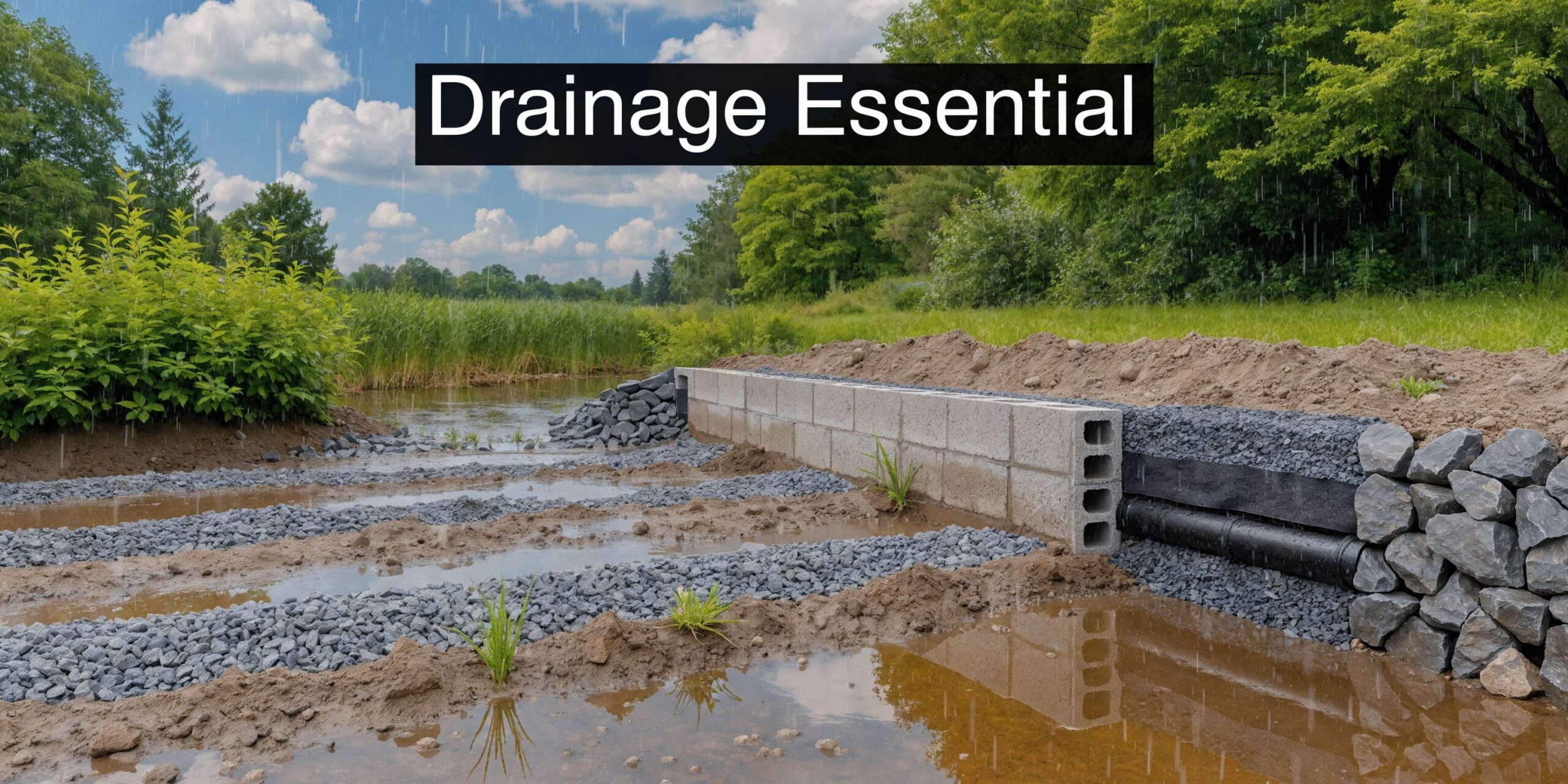 Steps for Sheds: A PA & MD Foundation Guide 3 A landscape drainage system featuring concrete blocks, gravel, and pipes installed in a wet, muddy outdoor area.