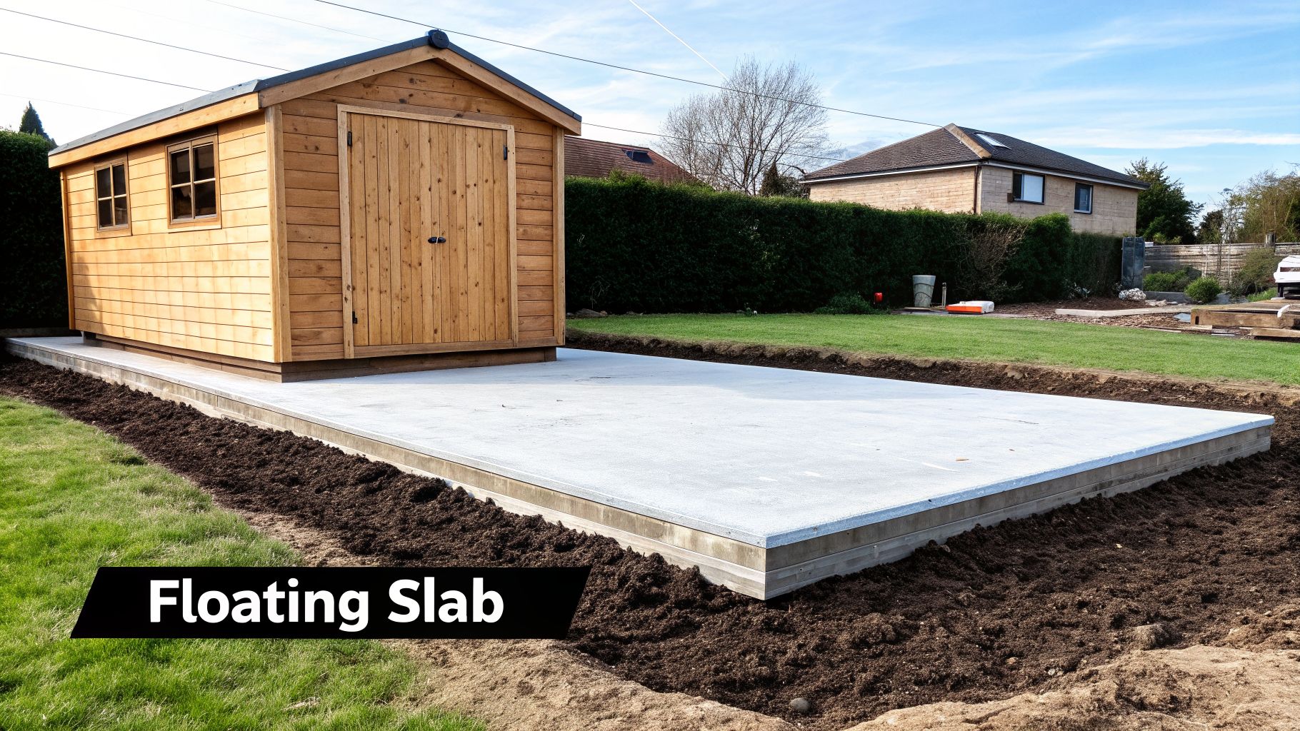 Local Floating Slab Foundations in Pennsylvania: A 2026 Guide 2 A new wooden garden shed sits on a large concrete floating slab foundation, with loose soil around it.