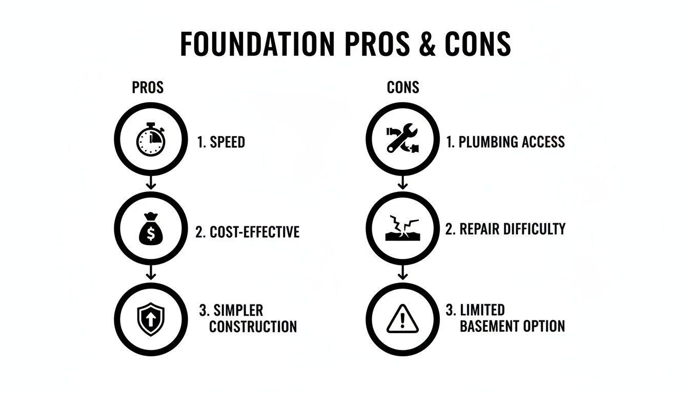 Local Floating Slab Foundations in Pennsylvania: A 2026 Guide 4 An infographic detailing the pros and cons of a foundation, including speed, cost, construction, plumbing, repair, and basement options.
