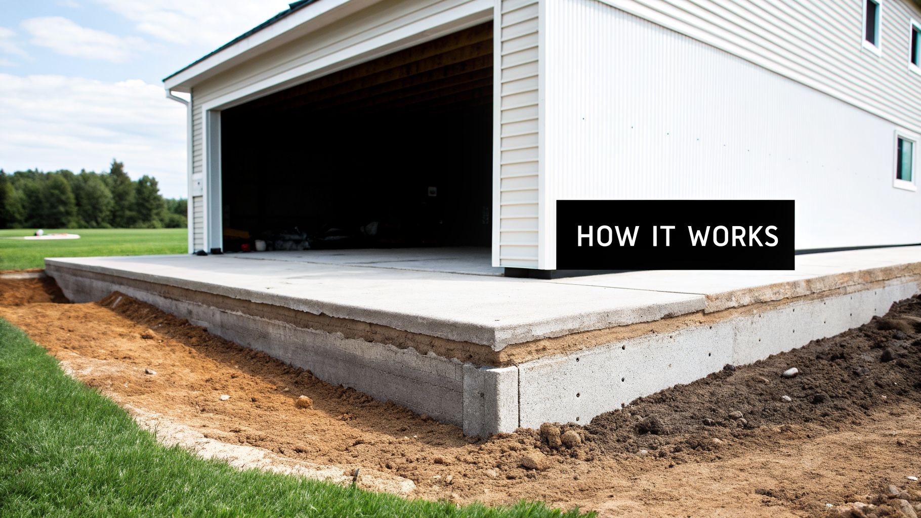 Local Floating Slab Foundations in Pennsylvania: A 2026 Guide 3 A concrete floating slab foundation for a newly built garage, showing the construction layers and surrounding earth.