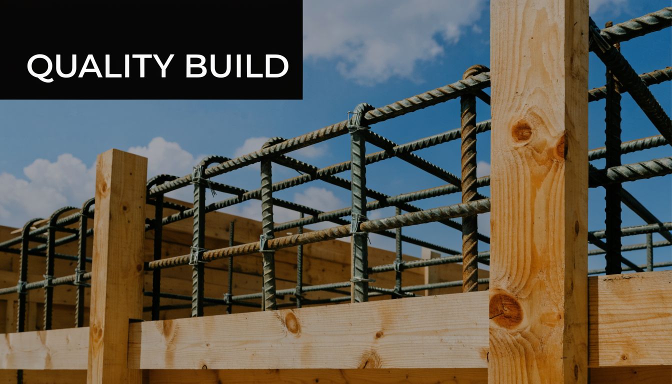 Build Your 20 x 20 Garage Foundation in PA, MD, NJ 5 A close-up view of a wooden frame construction with steel rebar reinforcement for a new building foundation.