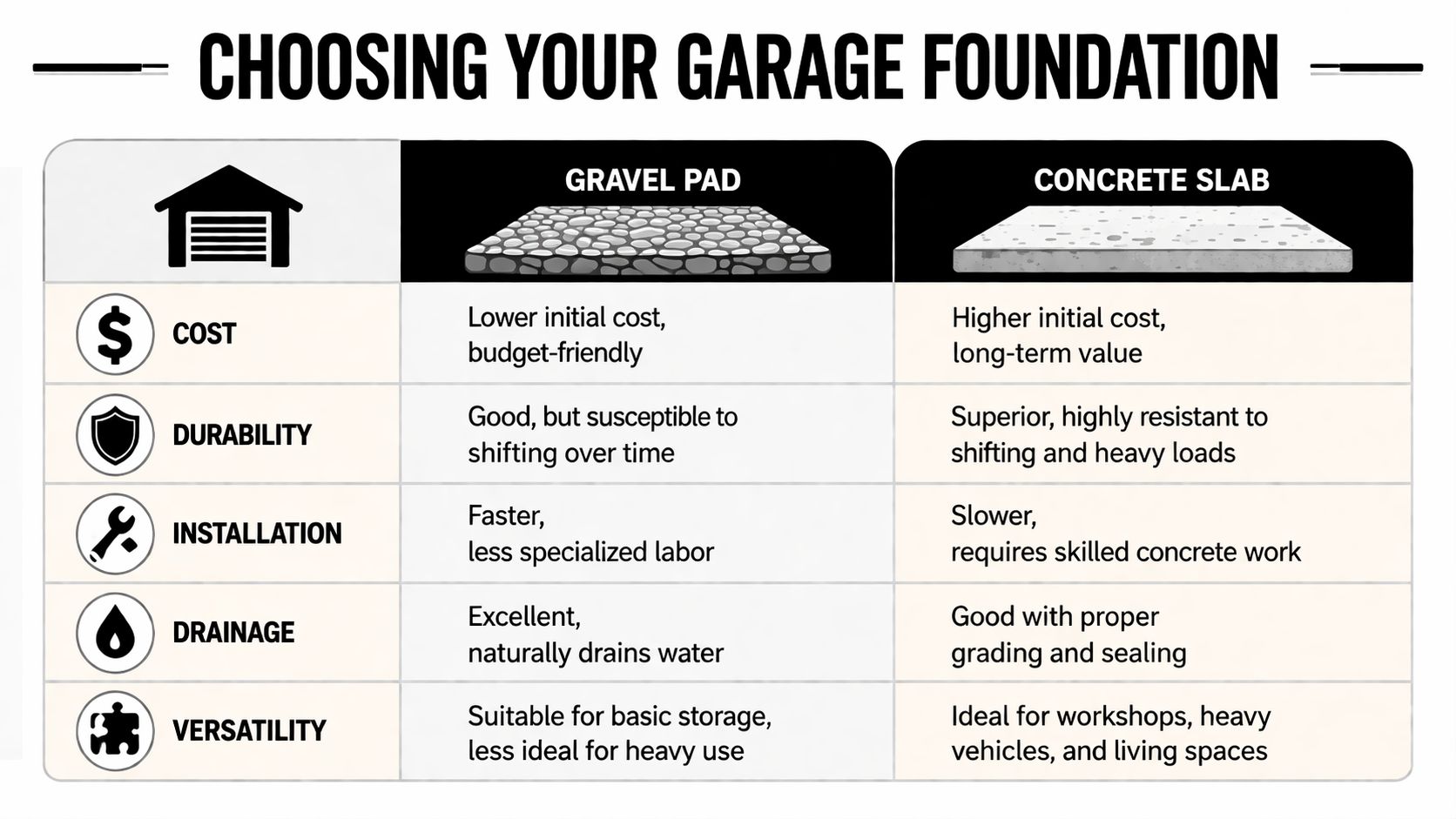 Build Your 20 x 20 Garage Foundation in PA, MD, NJ 3 A comparison chart showing the differences between gravel pads and concrete slabs for garage foundations.