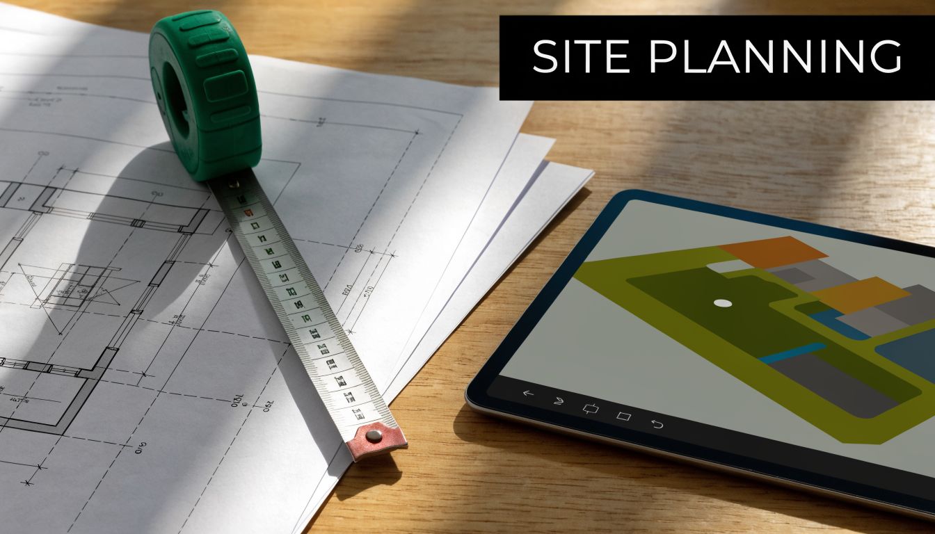 Build Your 20 x 20 Garage Foundation in PA, MD, NJ 2 A tape measure on top of architectural blueprints next to a digital tablet displaying a site plan.