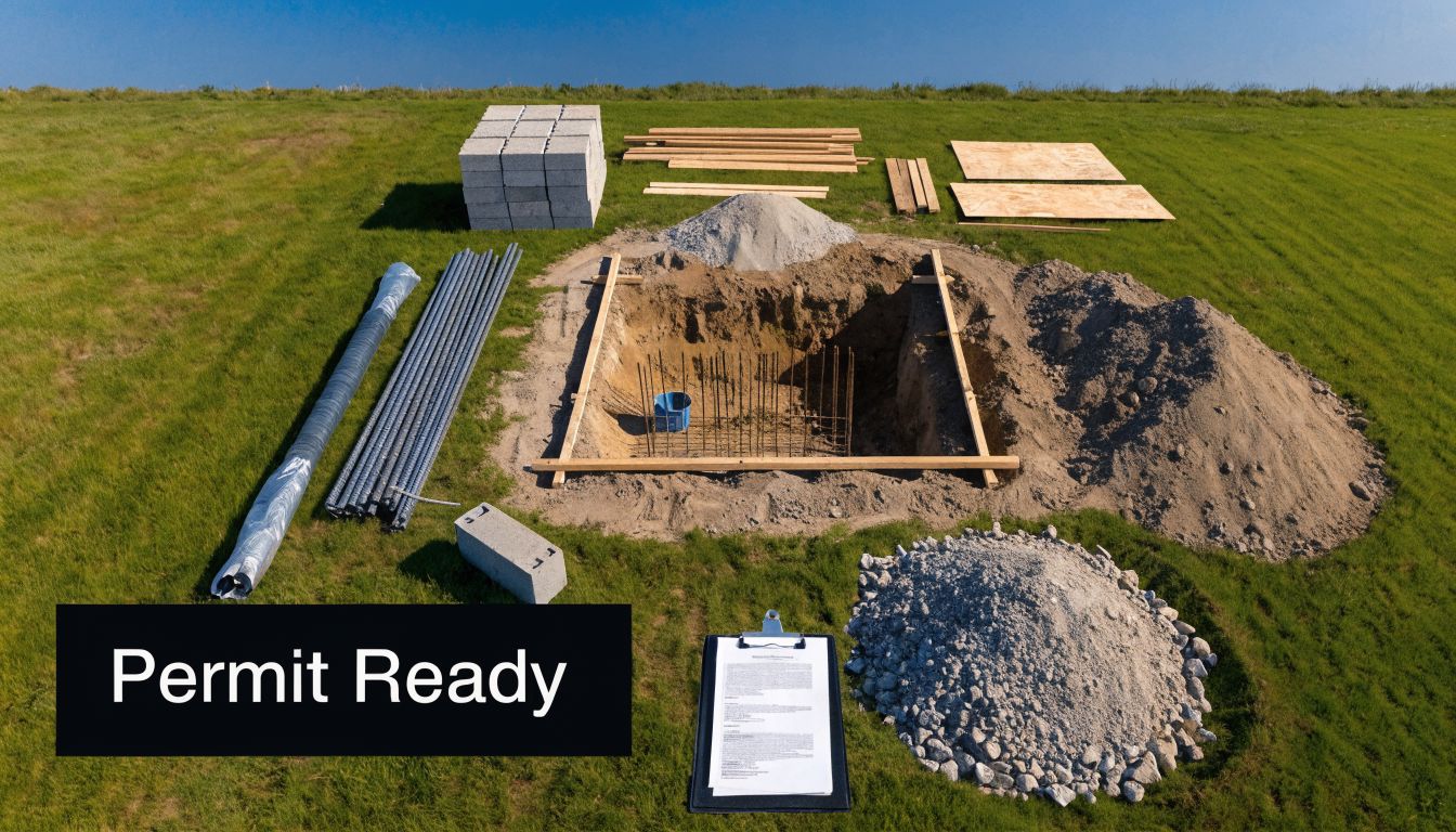 20x20 Pole Barn Guide for PA, MD, DE & NJ 4 A construction site in a grassy field with building materials, excavation work, and a permit ready document.