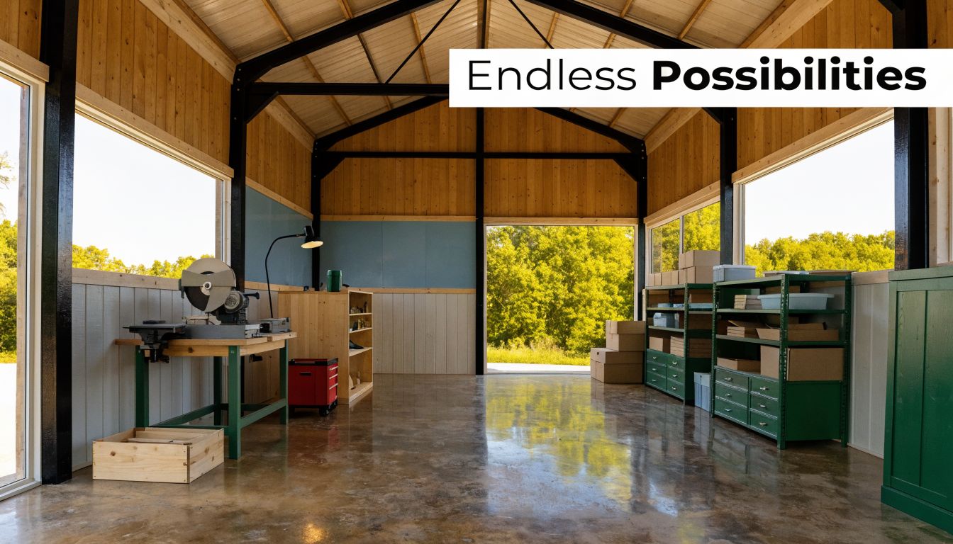 20x20 Pole Barn Guide for PA, MD, DE & NJ 2 A modern, spacious pole barn workshop with a concrete floor, wooden walls, workbench, and shelving units.
