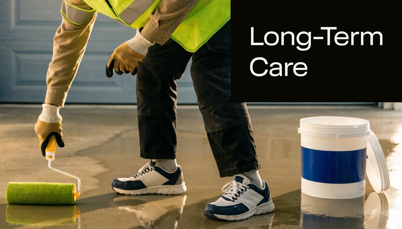 The Best Concrete for Garage Floor: Expert Choices 5 A construction worker wearing a high-visibility vest painting a garage concrete floor with a green roller.