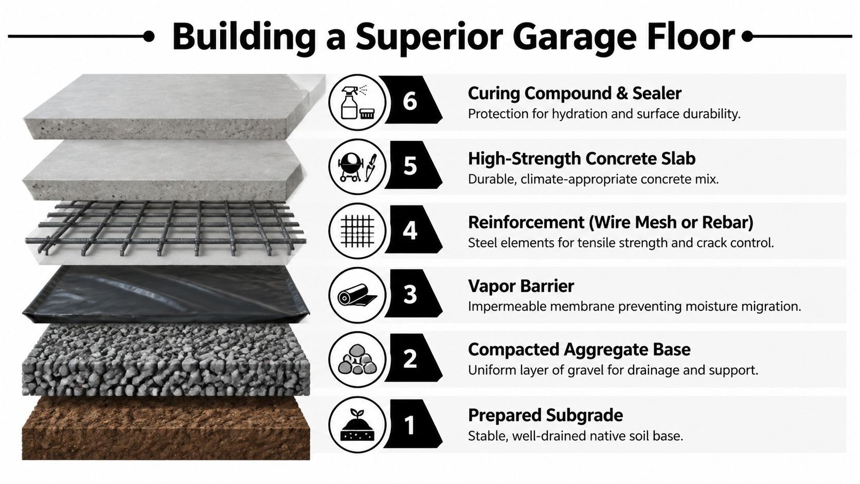 The Best Concrete for Garage Floor: Expert Choices 3 A detailed cross-section diagram showing the six layers required to build a superior, durable garage floor.